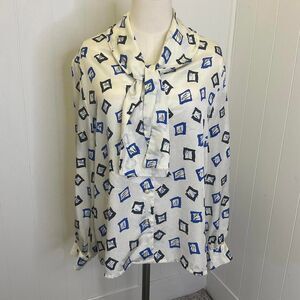 Vintage Bleyle Women Size 16 White Blue Geometric Print Scarf Wrapped Blouse Top